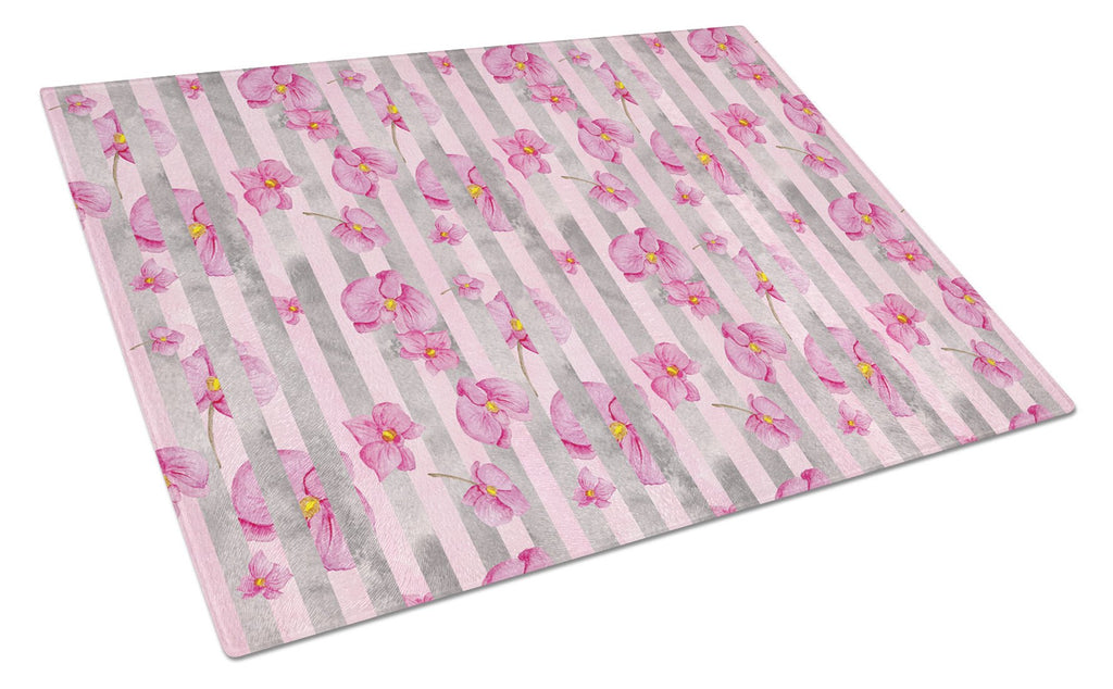 Watercolor Pink Flowers Grey Stripes Cutting Board Tempered Glass Kitchen Cutting Surface, Heat Resistant Chopping, Non-Slip Feet, Food Prep & Serving