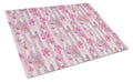 Watercolor Pink Flowers Grey Stripes Cutting Board Tempered Glass Kitchen Cutting Surface, Heat Resistant Chopping, Non-Slip Feet, Food Prep & Serving