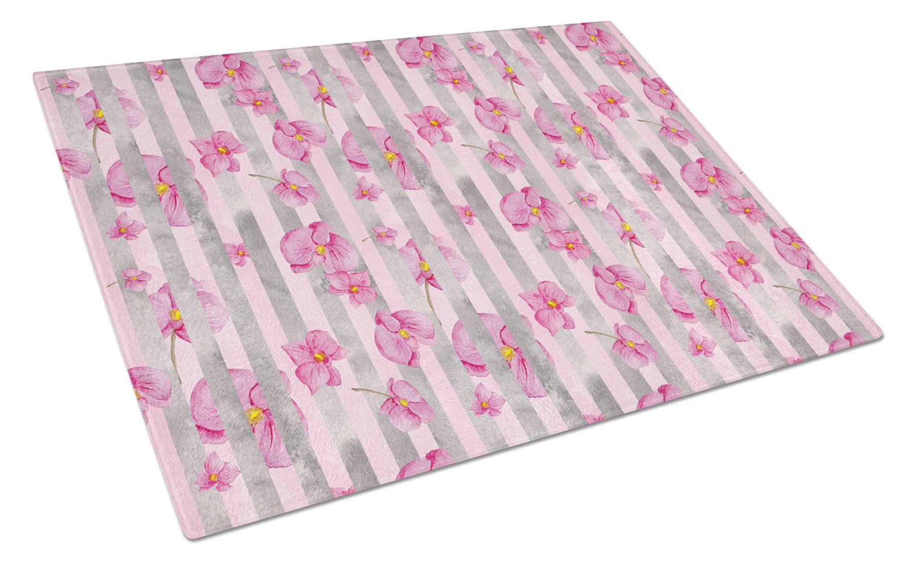 Watercolor Pink Flowers Grey Stripes Cutting Board Tempered Glass Kitchen Cutting Surface, Heat Resistant Chopping, Non-Slip Feet, Food Prep & Serving