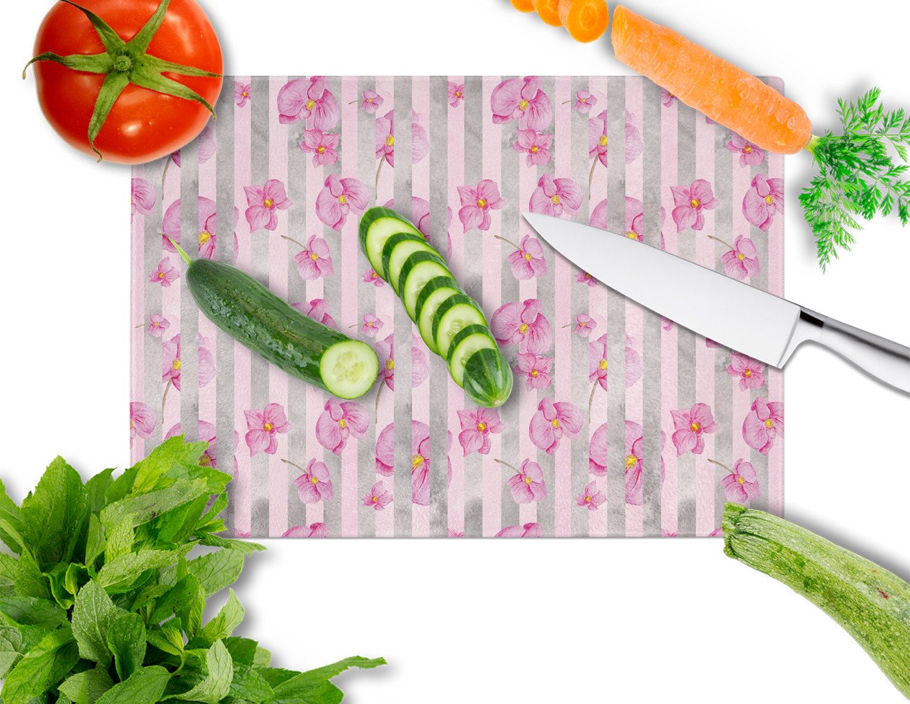 Watercolor Pink Flowers Grey Stripes Cutting Board Tempered Glass Kitchen Cutting Surface, Heat Resistant Chopping, Non-Slip Feet, Food Prep & Serving