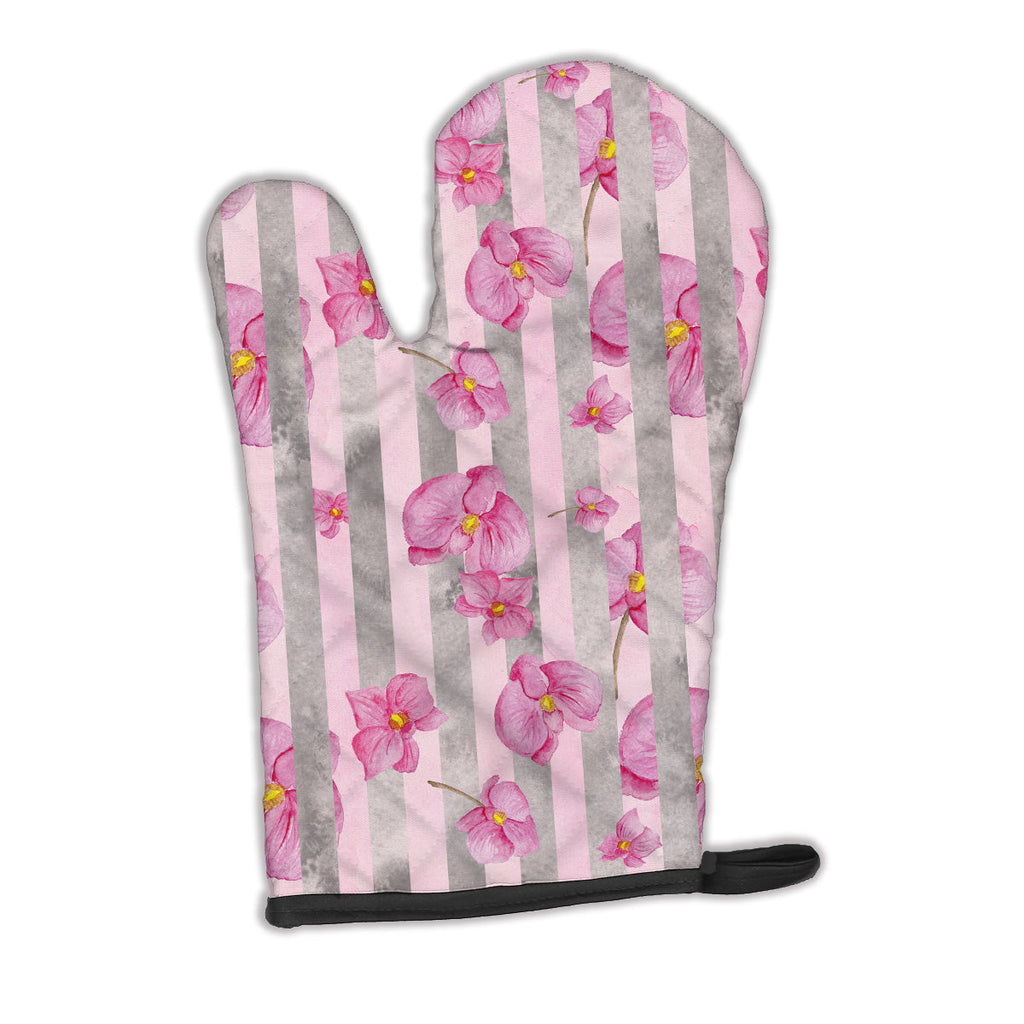 Watercolor Pink Flowers Grey Stripes Oven Mitt Heat Resistant Thick Oven Mitt for Hot Pans and Oven, Kitchen Mitt Protect Hands, Cooking Baking Glove