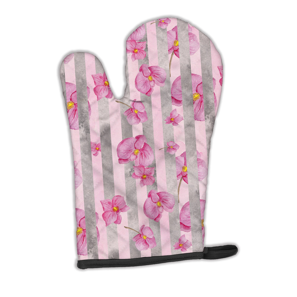 Watercolor Pink Flowers Grey Stripes Oven Mitt Heat Resistant Thick Oven Mitt for Hot Pans and Oven, Kitchen Mitt Protect Hands, Cooking Baking Glove