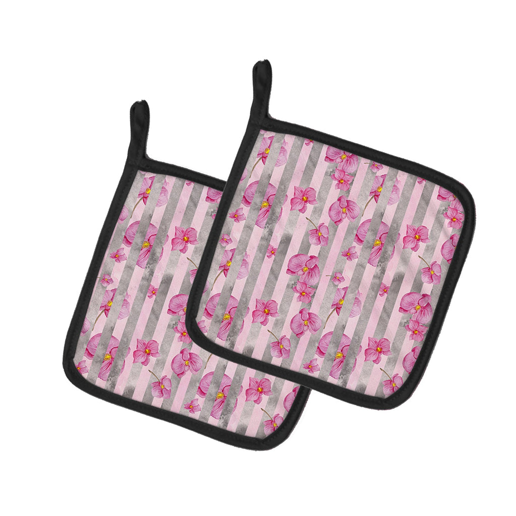 Watercolor Pink Flowers Grey Stripes Pot Holder Set of 2 Heat Resistant Quilted Hot Pads 7.5 x 7.5 Inch, Insulated Kitchen Trivets for Cooking & Baking