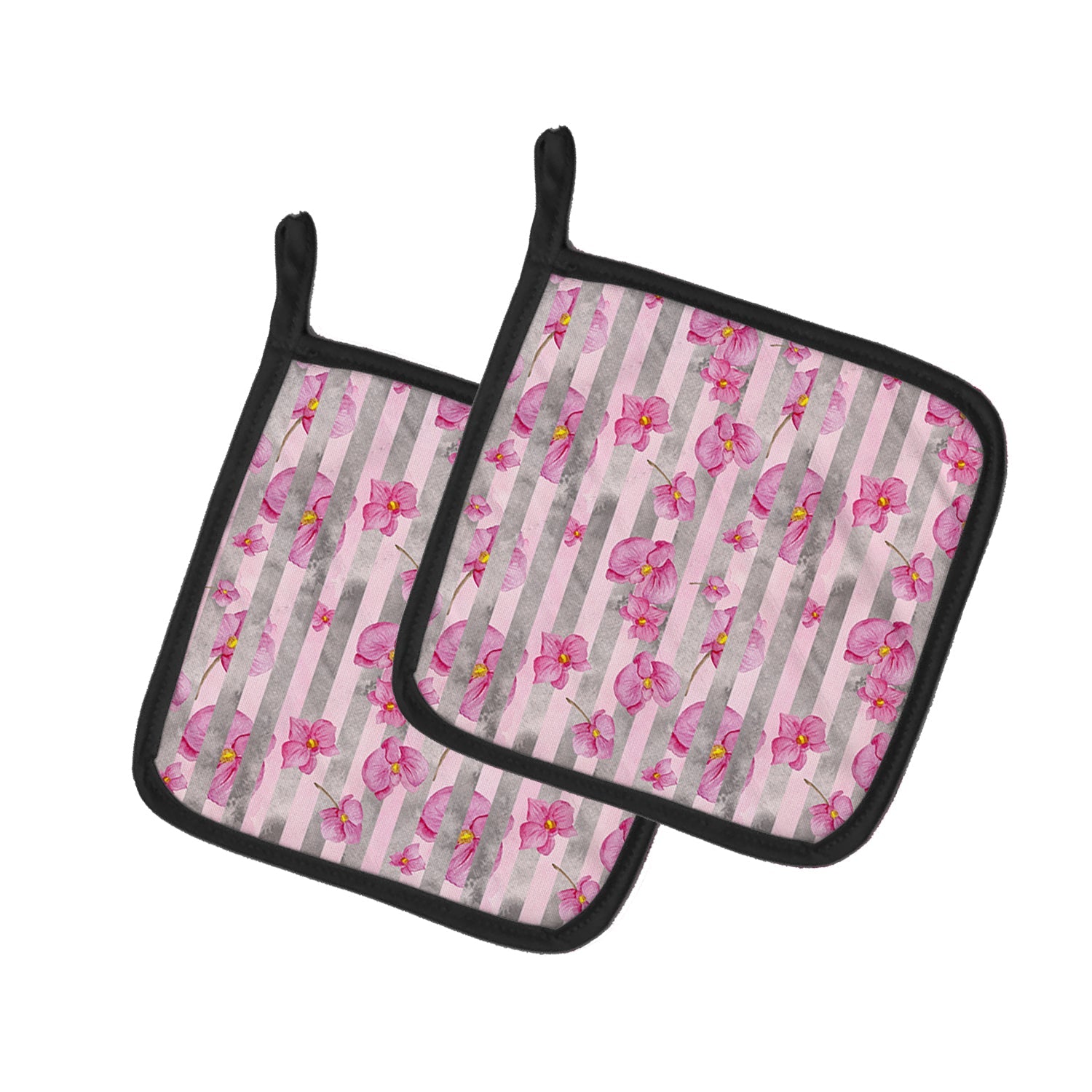 Watercolor Pink Flowers Grey Stripes Pot Holder Set of 2 Heat Resistant Quilted Hot Pads 7.5 x 7.5 Inch, Insulated Kitchen Trivets for Cooking & Baking