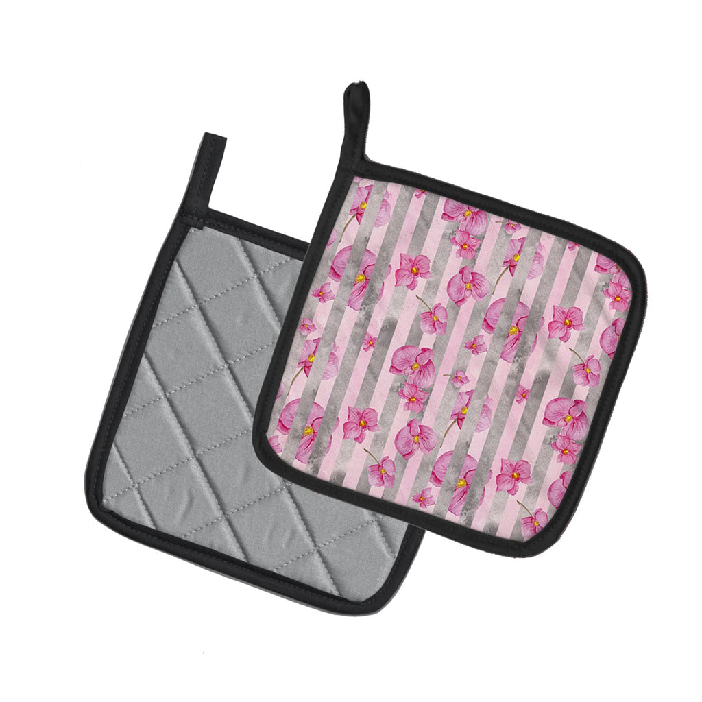 Watercolor Pink Flowers Grey Stripes Pot Holder Set of 2 Heat Resistant Quilted Hot Pads 7.5 x 7.5 Inch, Insulated Kitchen Trivets for Cooking & Baking