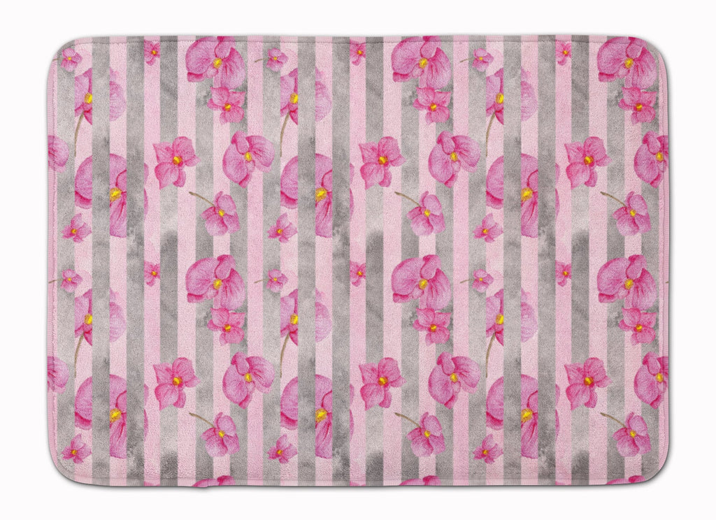 Watercolor Pink Flowers Grey Stripes Memory Foam Kitchen Mat Machine Washable Anti-Fatigue Cushion Comfort Bath or Kitchen Rug