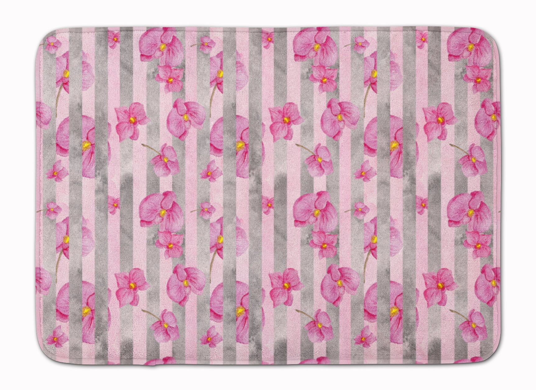 Watercolor Pink Flowers Grey Stripes Memory Foam Kitchen Mat Machine Washable Anti-Fatigue Cushion Comfort Bath or Kitchen Rug
