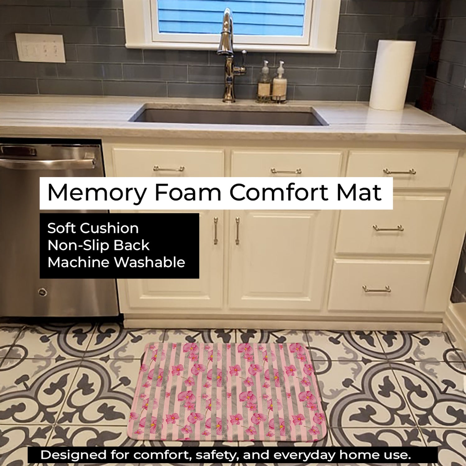 Watercolor Pink Flowers Grey Stripes Memory Foam Kitchen Mat Machine Washable Anti-Fatigue Cushion Comfort Bath or Kitchen Rug