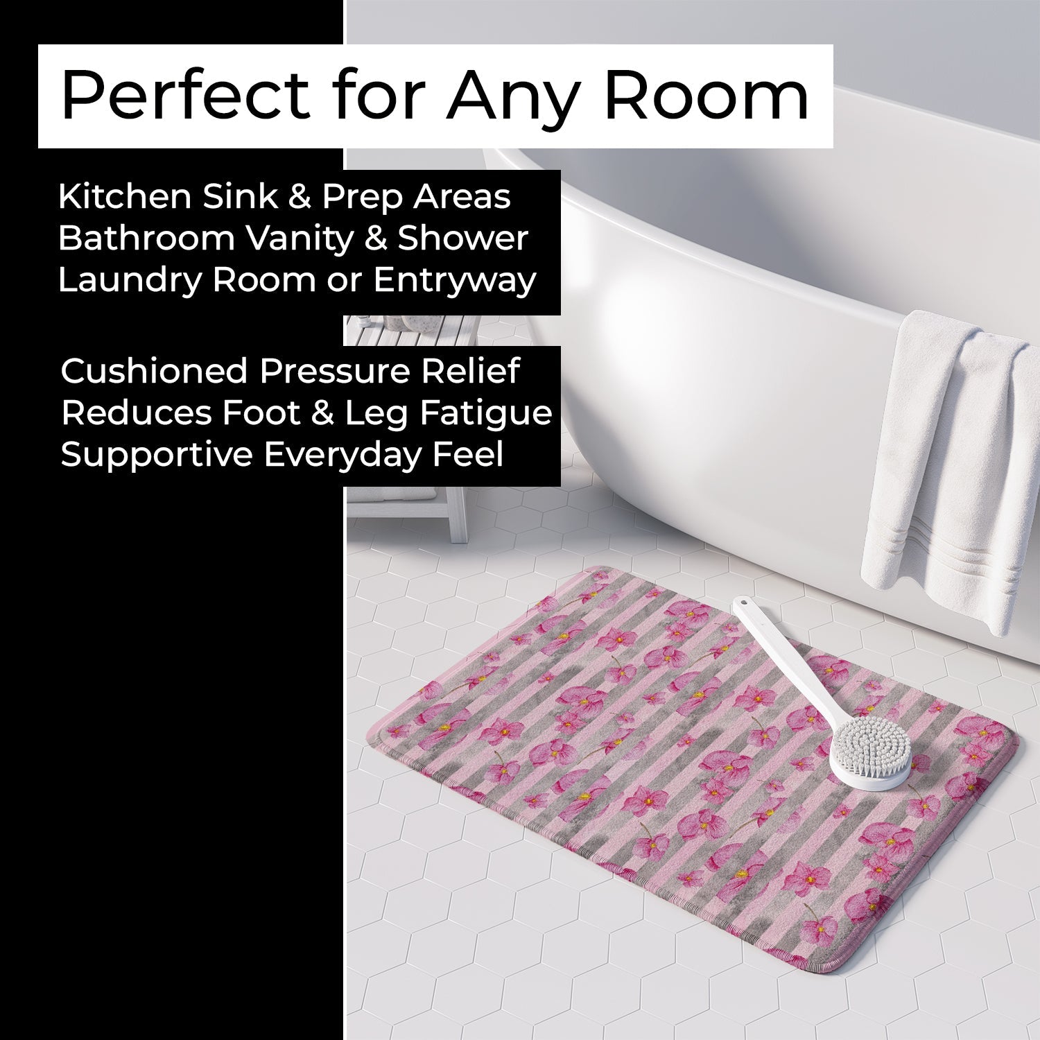 Watercolor Pink Flowers Grey Stripes Memory Foam Kitchen Mat Machine Washable Anti-Fatigue Cushion Comfort Bath or Kitchen Rug