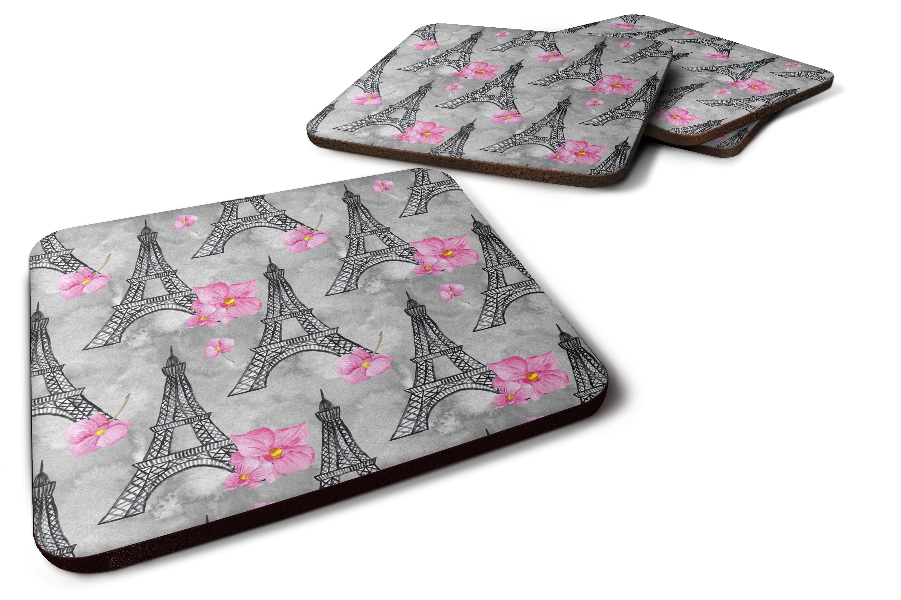 Watercolor Pink Flowers Eiffel Tower Foam Coasters Set of 4 Cup Coasters for Indoor Outdoor, Tabletop Protection, Anti Slip, Mouse pad Material