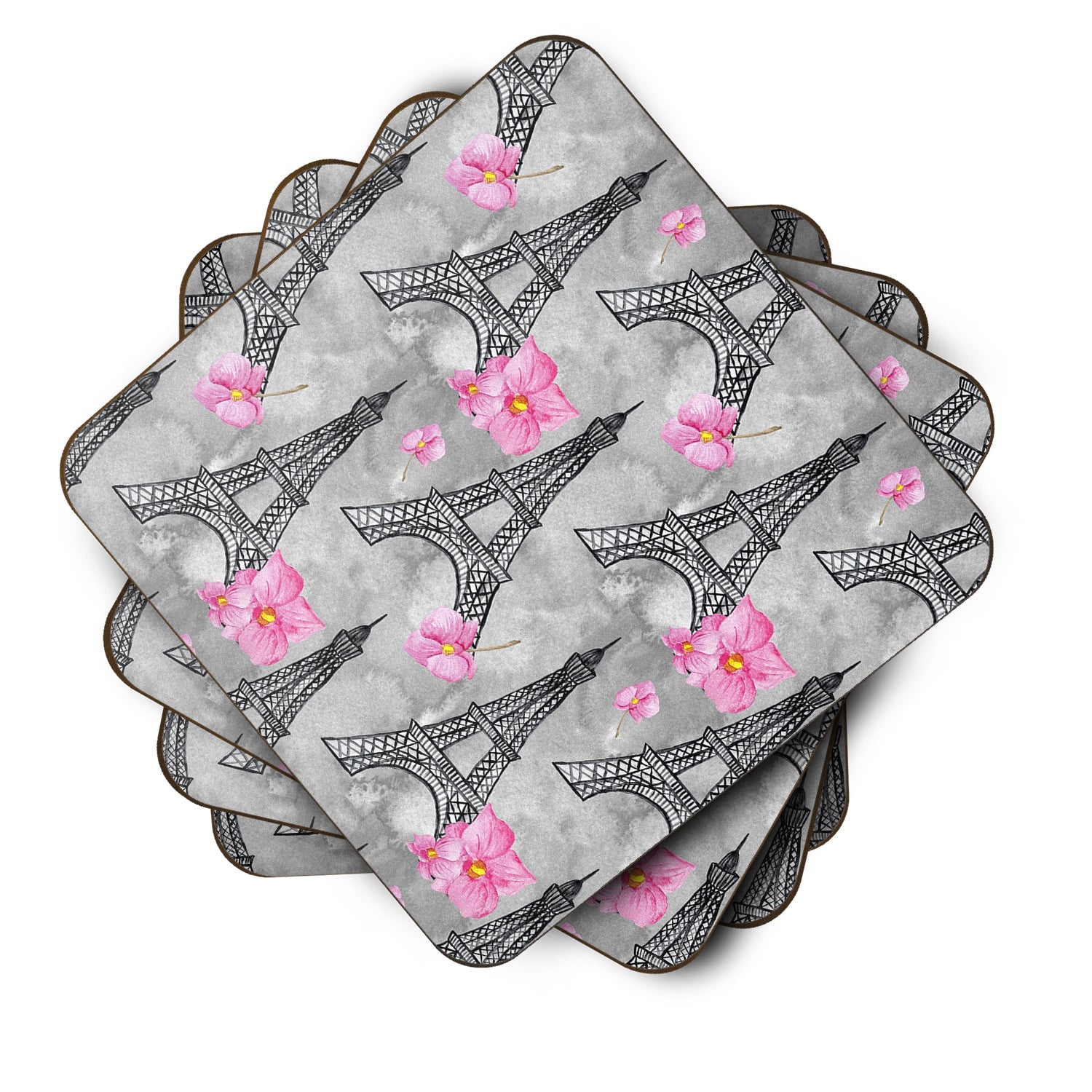 Watercolor Pink Flowers Eiffel Tower Foam Coasters Set of 4 Cup Coasters for Indoor Outdoor, Tabletop Protection, Anti Slip, Mouse pad Material