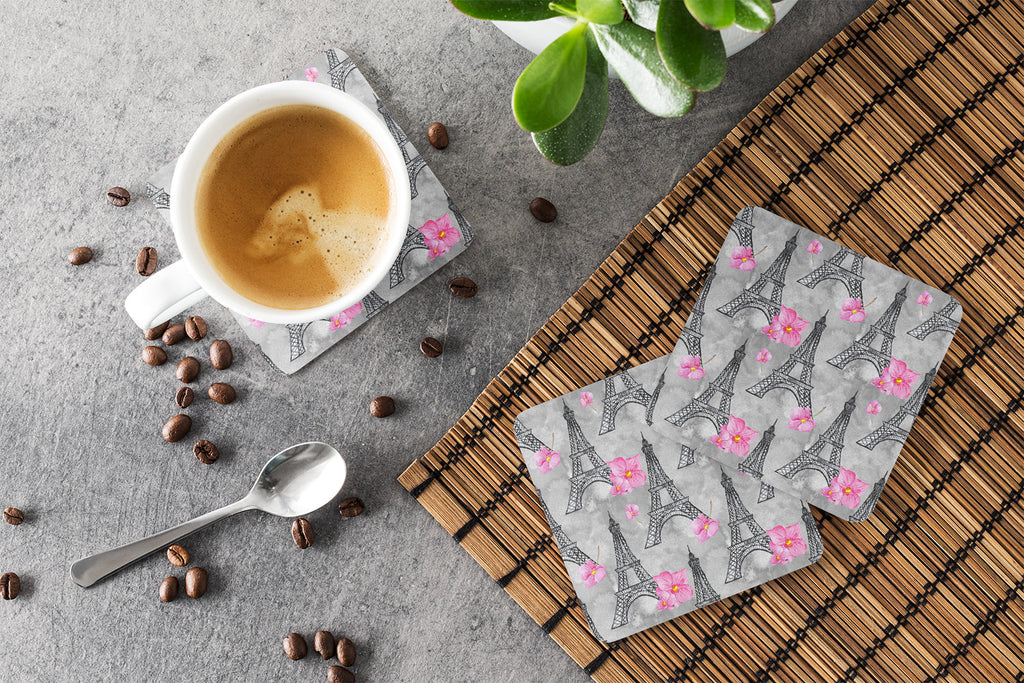 Watercolor Pink Flowers Eiffel Tower Foam Coasters Set of 4 Cup Coasters for Indoor Outdoor, Tabletop Protection, Anti Slip, Mouse pad Material