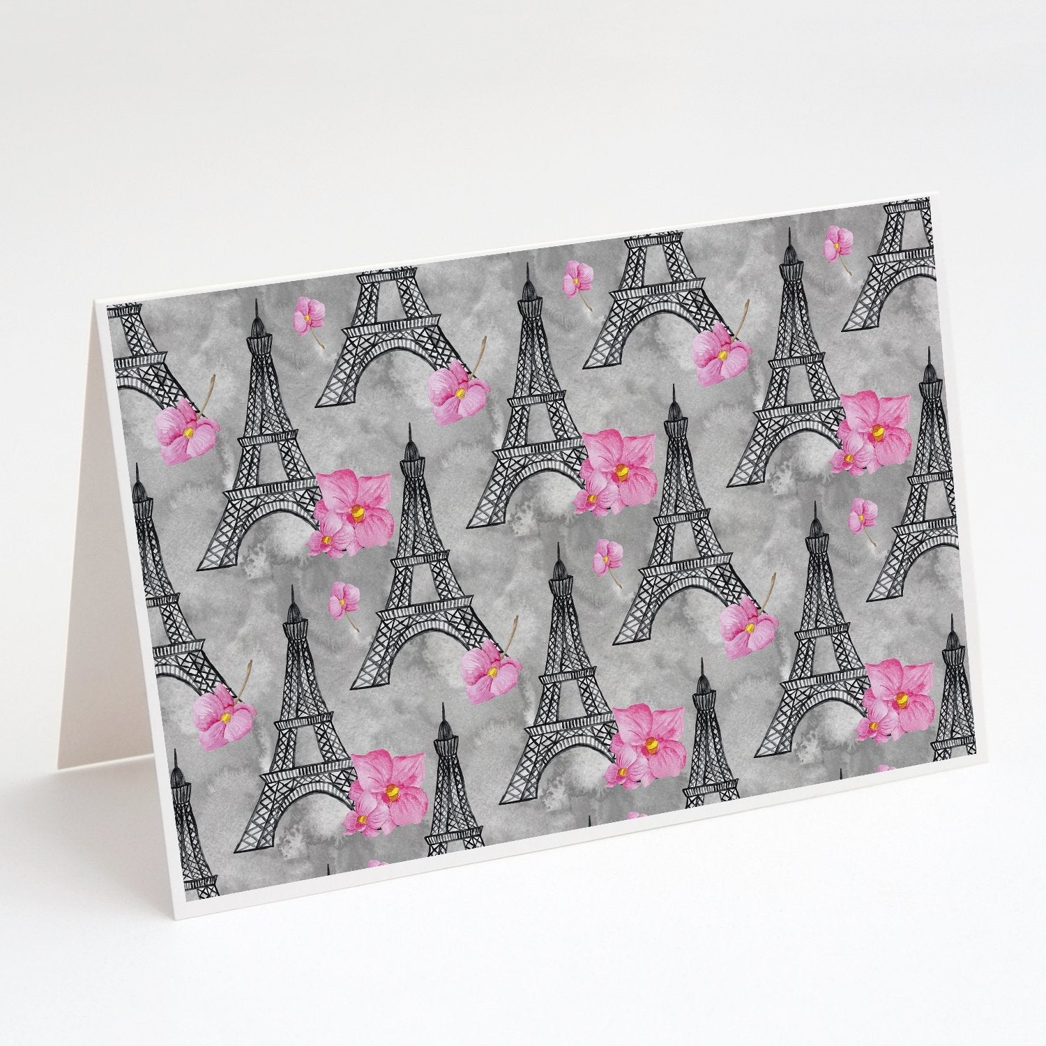Watercolor Pink Flowers Eiffel Tower Greeting Cards Pack of 8 Blank Cards with Envelopes Whimsical A7 Size 5x7