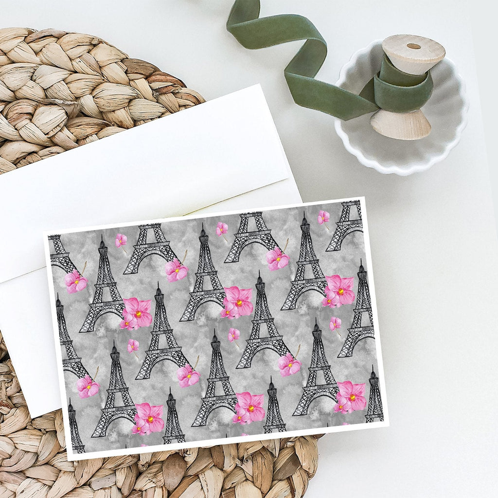 Watercolor Pink Flowers Eiffel Tower Greeting Cards Pack of 8 Blank Cards with Envelopes Whimsical A7 Size 5x7