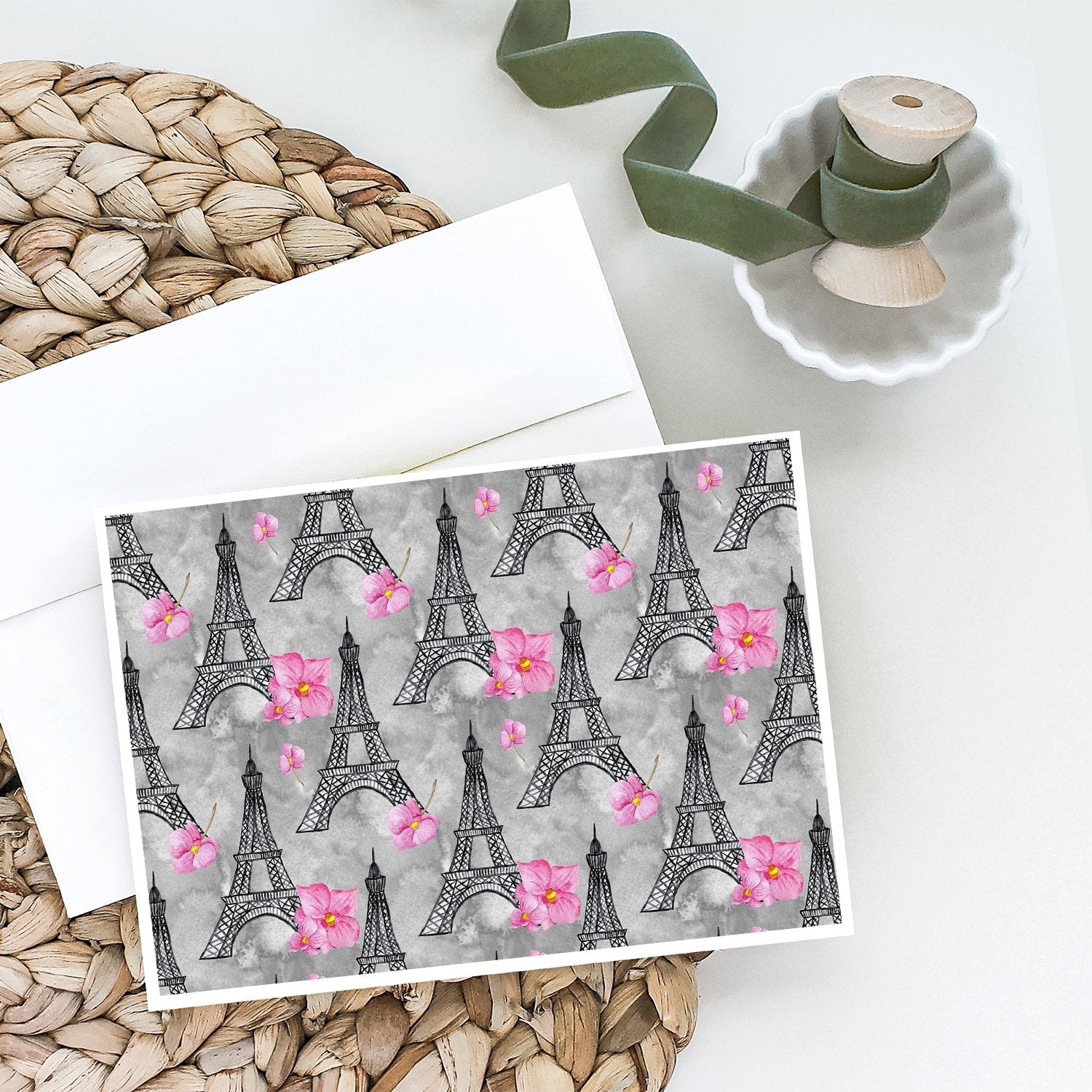Watercolor Pink Flowers Eiffel Tower Greeting Cards Pack of 8 Blank Cards with Envelopes Whimsical A7 Size 5x7