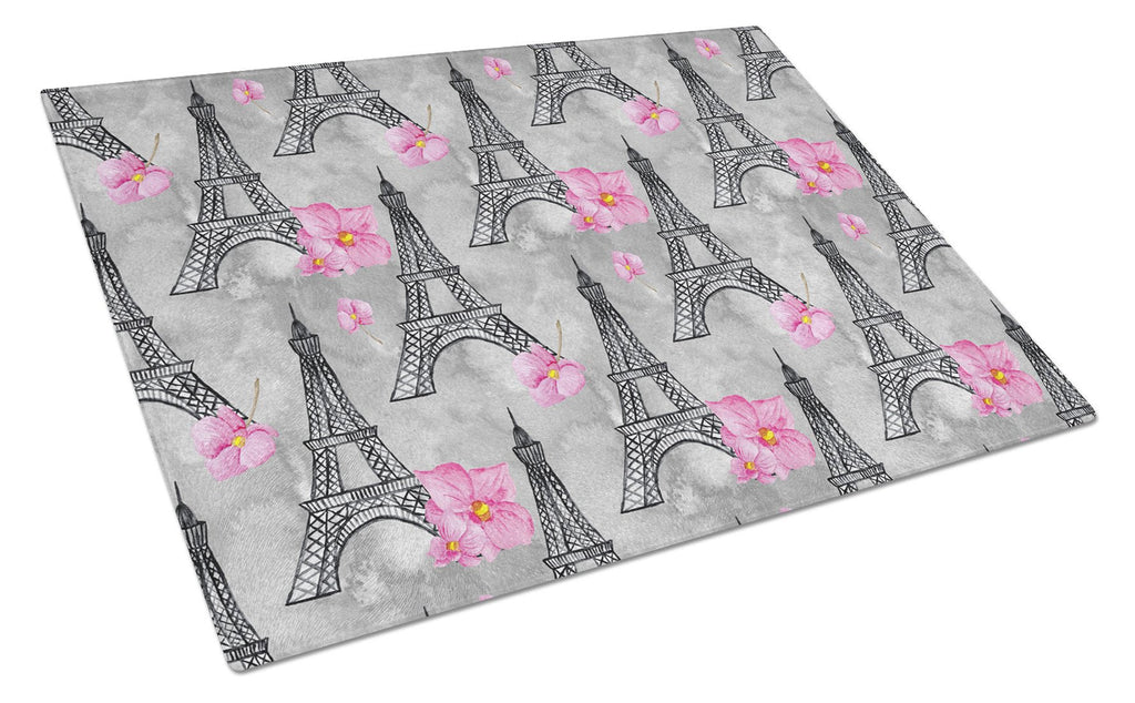 Watercolor Pink Flowers Eiffel Tower Cutting Board Tempered Glass Kitchen Cutting Surface, Heat Resistant Chopping, Non-Slip Feet, Food Prep & Serving