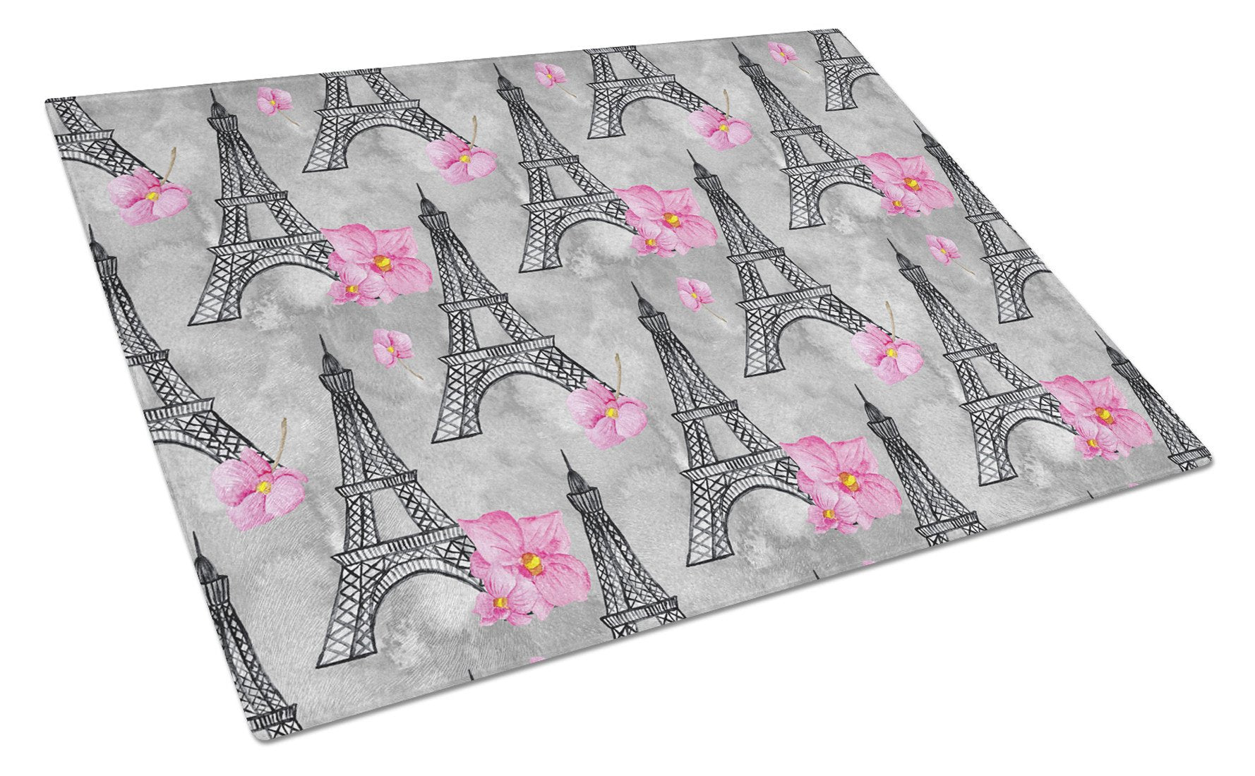 Watercolor Pink Flowers Eiffel Tower Cutting Board Tempered Glass Kitchen Cutting Surface, Heat Resistant Chopping, Non-Slip Feet, Food Prep & Serving
