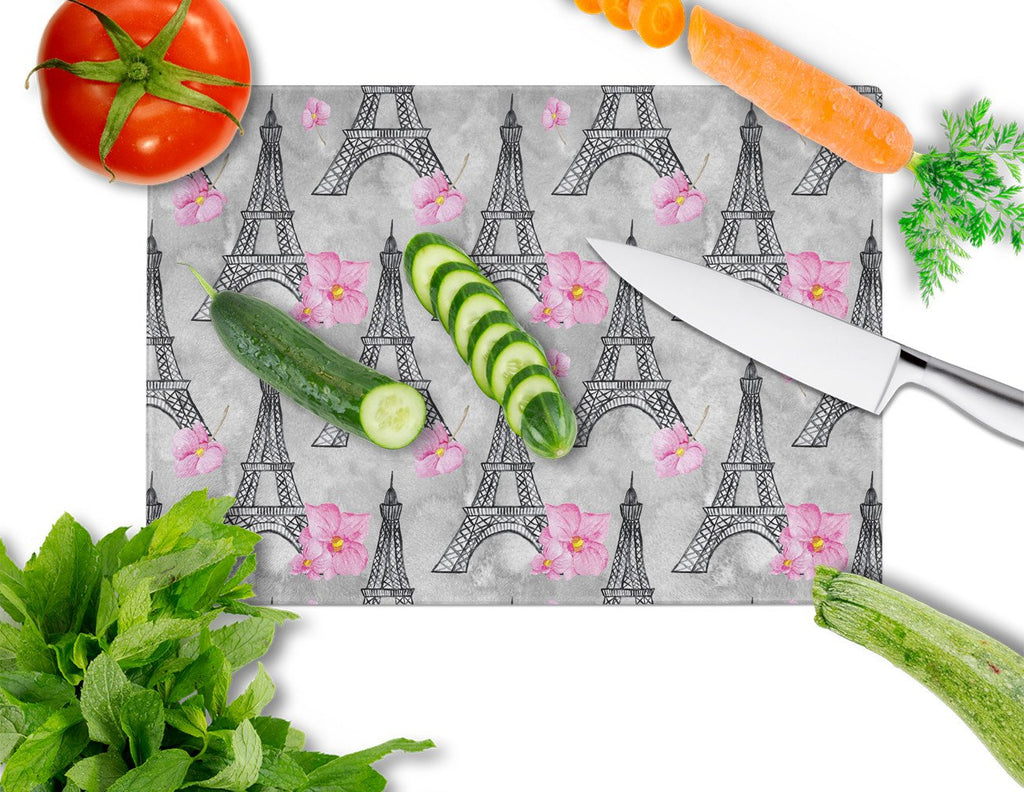 Watercolor Pink Flowers Eiffel Tower Cutting Board Tempered Glass Kitchen Cutting Surface, Heat Resistant Chopping, Non-Slip Feet, Food Prep & Serving