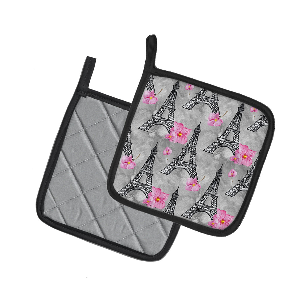 Watercolor Pink Flowers Eiffel Tower Pot Holder Set of 2 Heat Resistant Quilted Hot Pads 7.5 x 7.5 Inch, Insulated Kitchen Trivets for Cooking & Baking