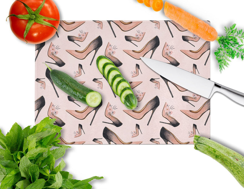Watercolor Fashion Diva Shoes Cutting Board Tempered Glass Kitchen Cutting Surface, Heat Resistant Chopping, Non-Slip Feet, Food Prep & Serving