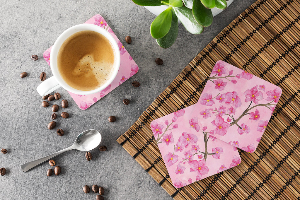 Watercolor Pink Flowers Foam Coasters Set of 4 Cup Coasters for Indoor Outdoor, Tabletop Protection, Anti Slip, Mouse pad Material