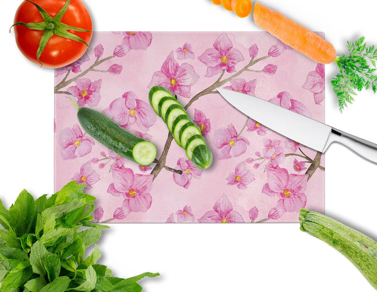 Watercolor Pink Flowers Cutting Board Tempered Glass Kitchen Cutting Surface, Heat Resistant Chopping, Non-Slip Feet, Food Prep & Serving