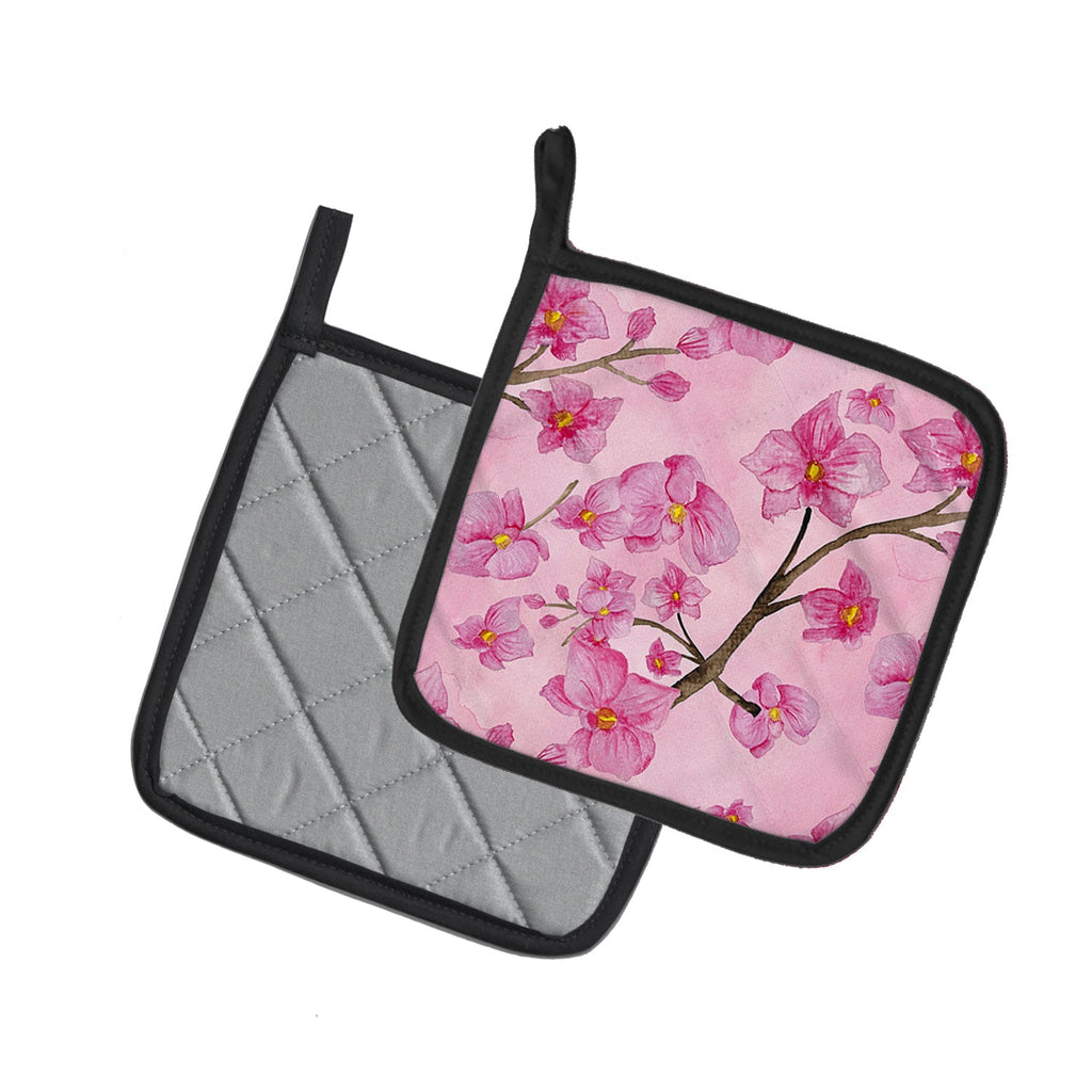 Watercolor Pink Flowers Pot Holder Set of 2 Heat Resistant Quilted Hot Pads 7.5 x 7.5 Inch, Insulated Kitchen Trivets for Cooking & Baking
