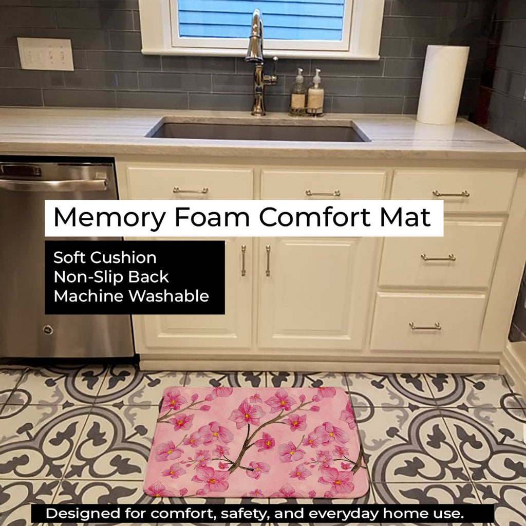 Watercolor Pink Flowers Memory Foam Kitchen Mat Machine Washable Anti-Fatigue Cushion Comfort Bath or Kitchen Rug
