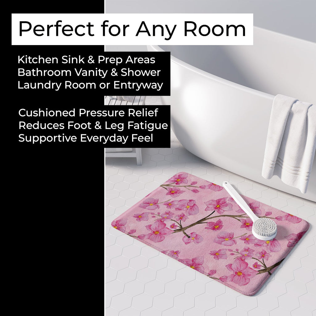 Watercolor Pink Flowers Memory Foam Kitchen Mat Machine Washable Anti-Fatigue Cushion Comfort Bath or Kitchen Rug
