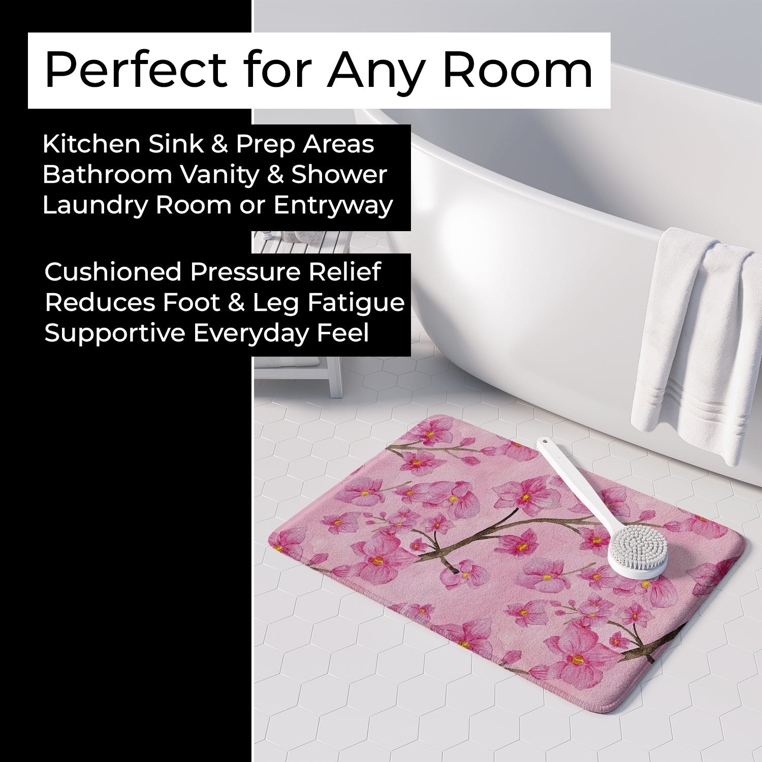 Watercolor Pink Flowers Memory Foam Kitchen Mat Machine Washable Anti-Fatigue Cushion Comfort Bath or Kitchen Rug