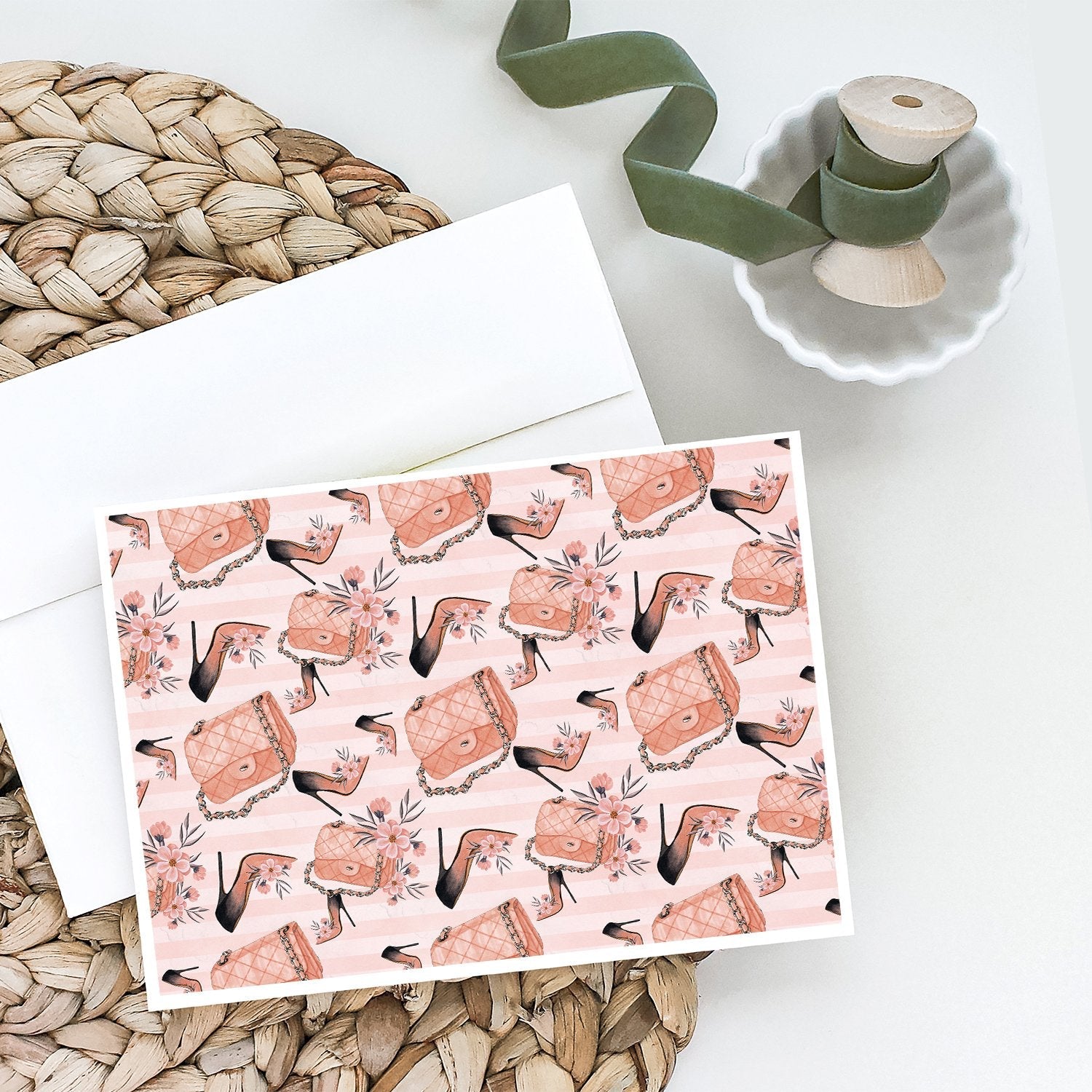 Fashion Diva Shoes and Purses Greeting Cards Pack of 8 Blank Cards with Envelopes Whimsical A7 Size 5x7