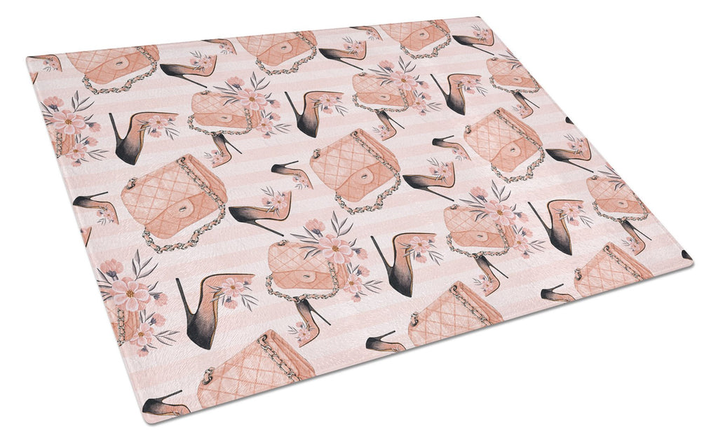 Fashion Diva Shoes and Purses Cutting Board Tempered Glass Kitchen Cutting Surface, Heat Resistant Chopping, Non-Slip Feet, Food Prep & Serving
