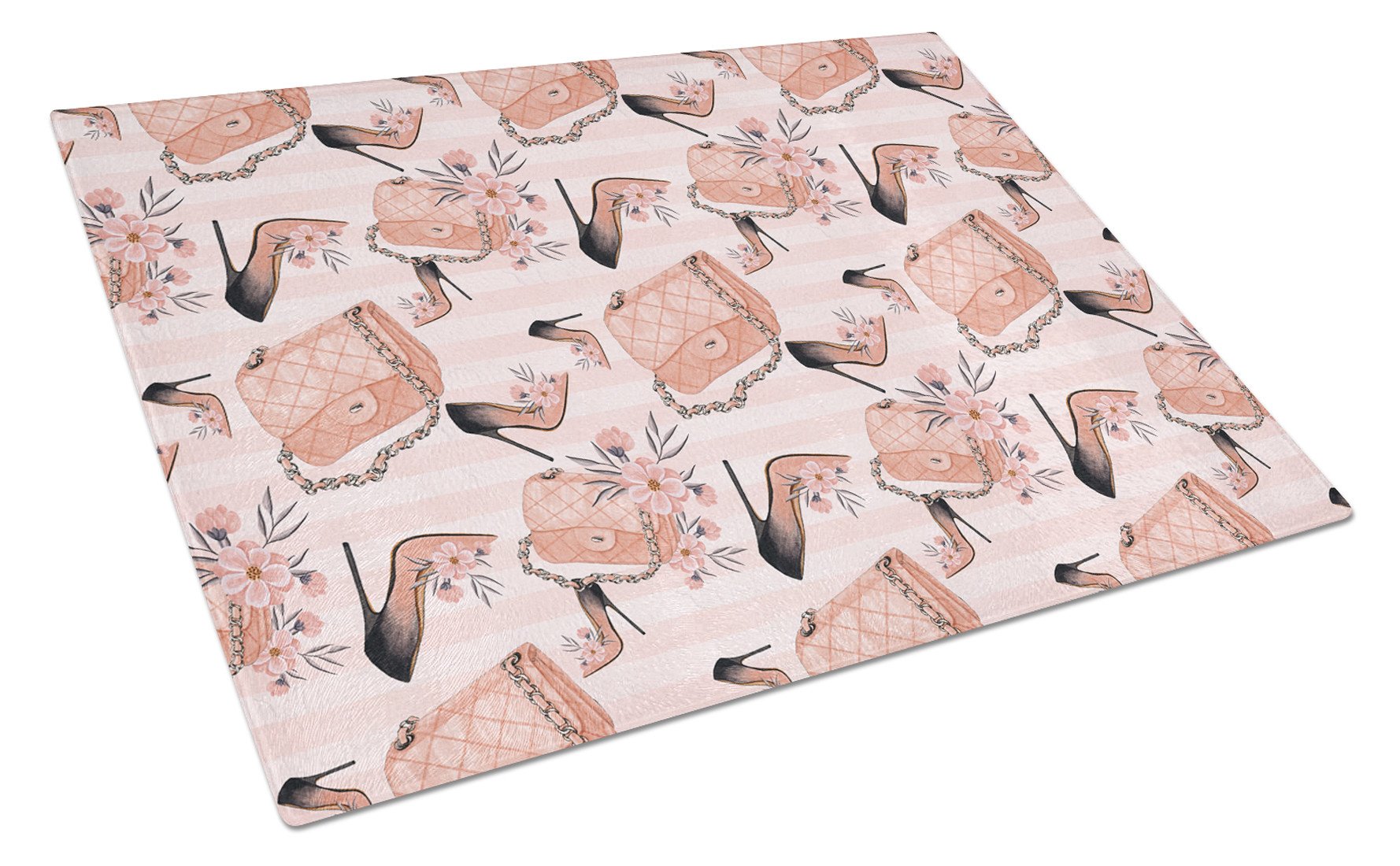 Fashion Diva Shoes and Purses Cutting Board Tempered Glass Kitchen Cutting Surface, Heat Resistant Chopping, Non-Slip Feet, Food Prep & Serving