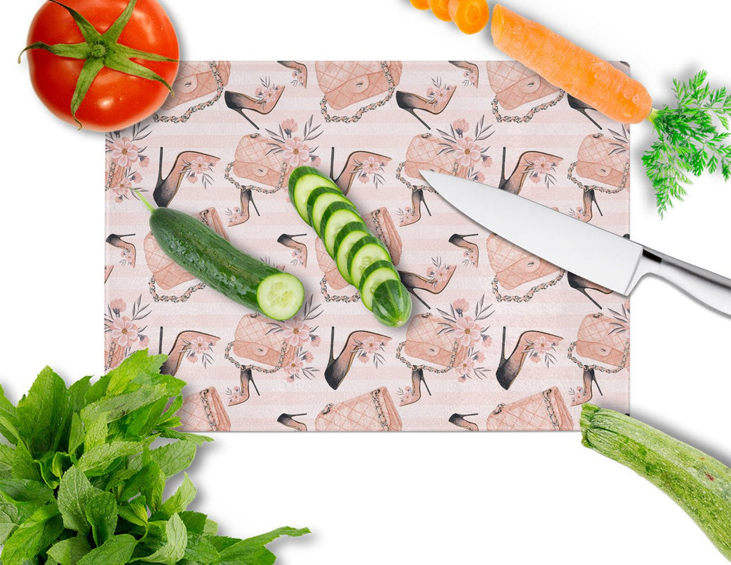 Fashion Diva Shoes and Purses Cutting Board Tempered Glass Kitchen Cutting Surface, Heat Resistant Chopping, Non-Slip Feet, Food Prep & Serving