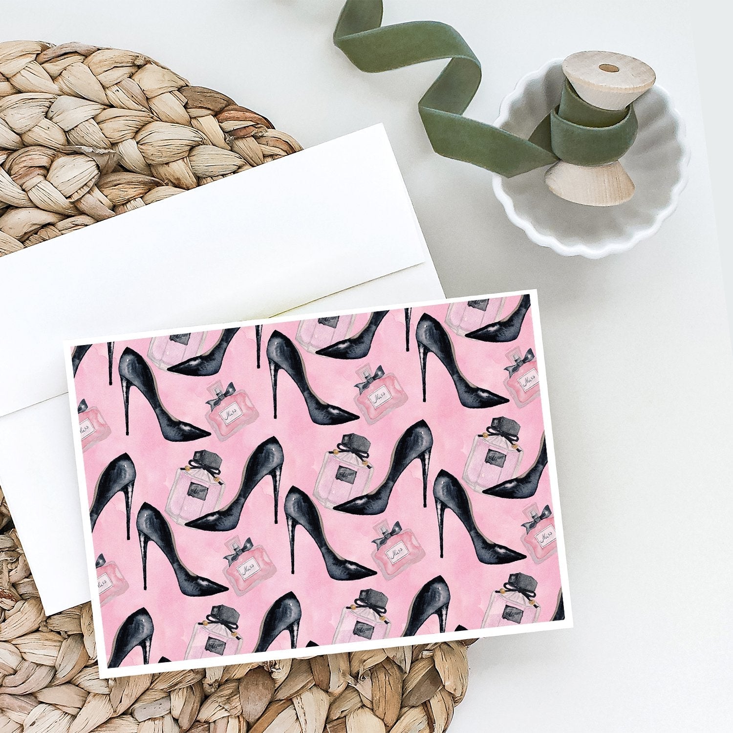 Fashion Diva Shoes and Perfume Greeting Cards Pack of 8 Blank Cards with Envelopes Whimsical A7 Size 5x7