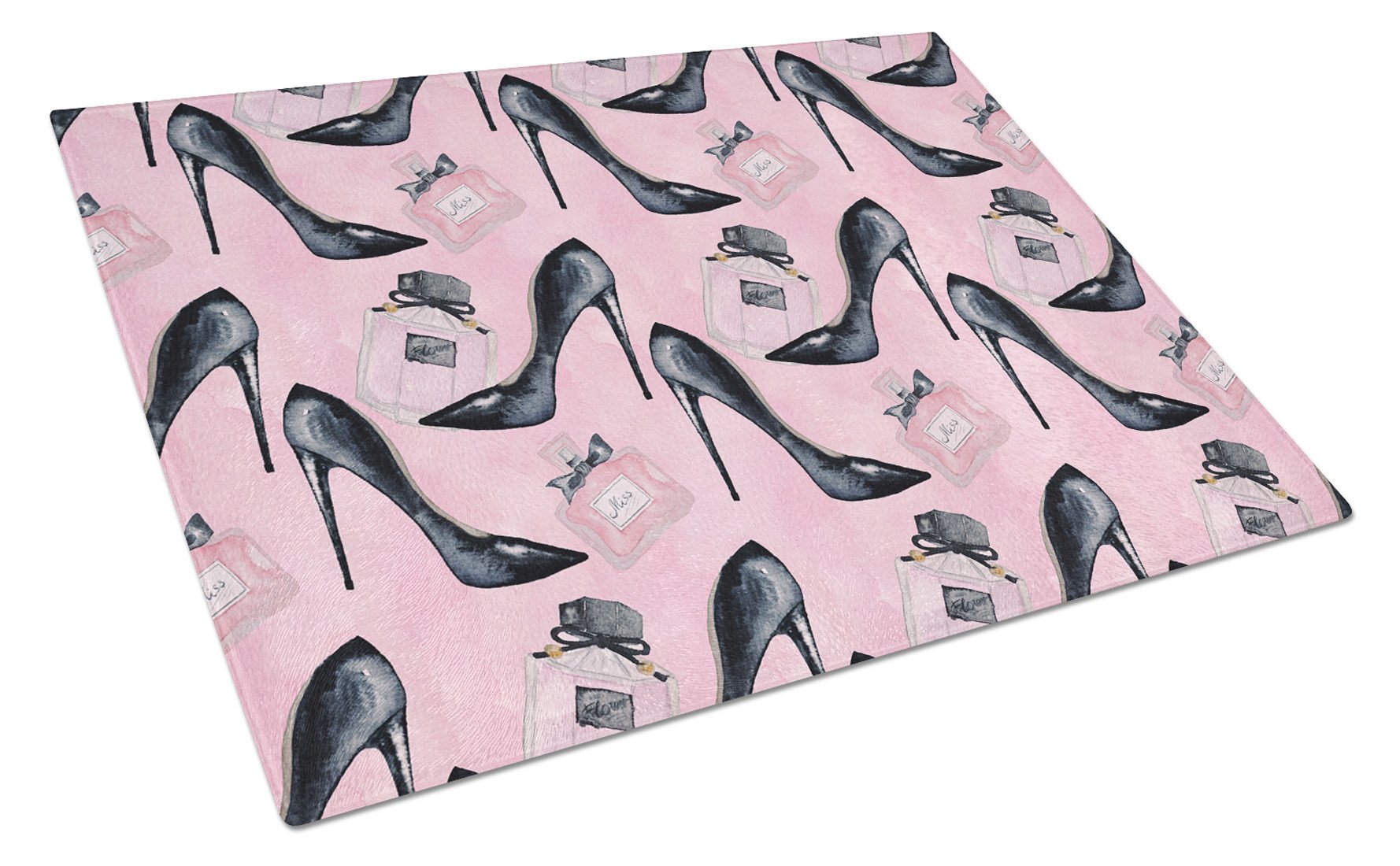 Fashion Diva Shoes and Perfume Cutting Board Tempered Glass Kitchen Cutting Surface, Heat Resistant Chopping, Non-Slip Feet, Food Prep & Serving