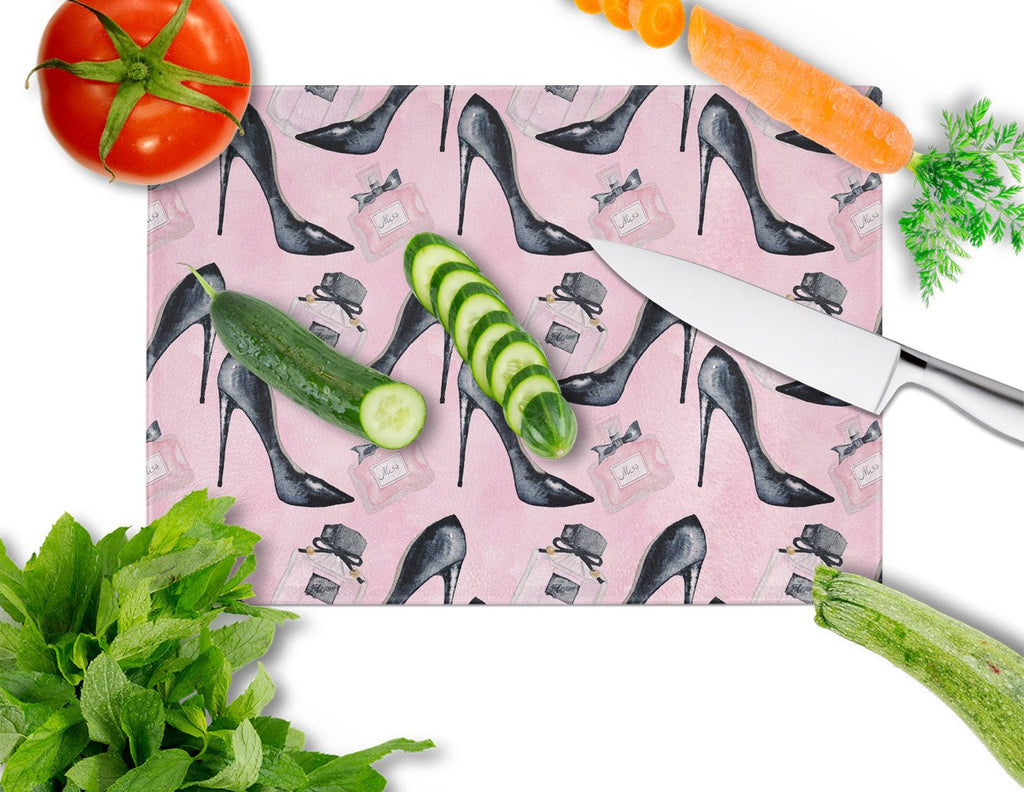 Fashion Diva Shoes and Perfume Cutting Board Tempered Glass Kitchen Cutting Surface, Heat Resistant Chopping, Non-Slip Feet, Food Prep & Serving