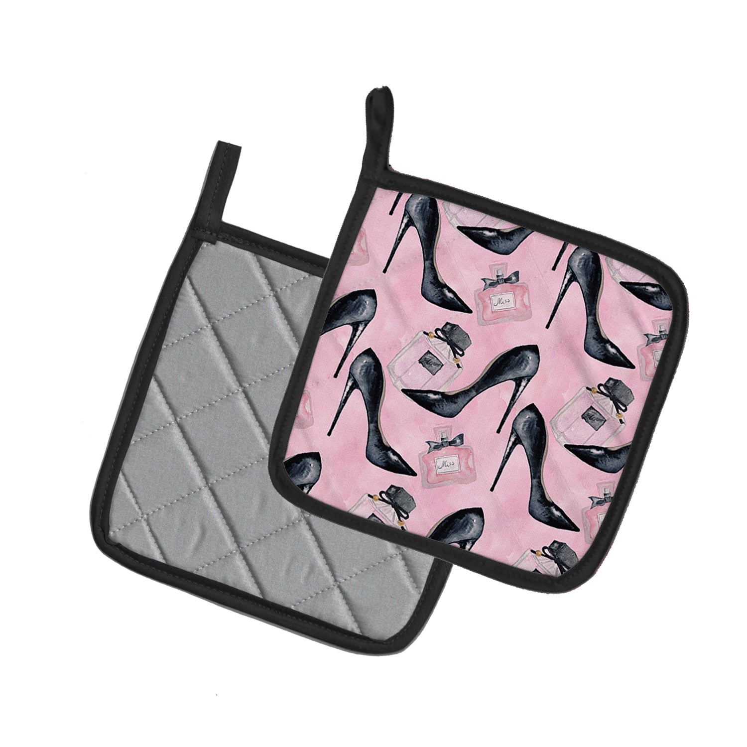 Fashion Diva Shoes and Perfume Pot Holder Set of 2 Heat Resistant Quilted Hot Pads 7.5 x 7.5 Inch, Insulated Kitchen Trivets for Cooking & Baking