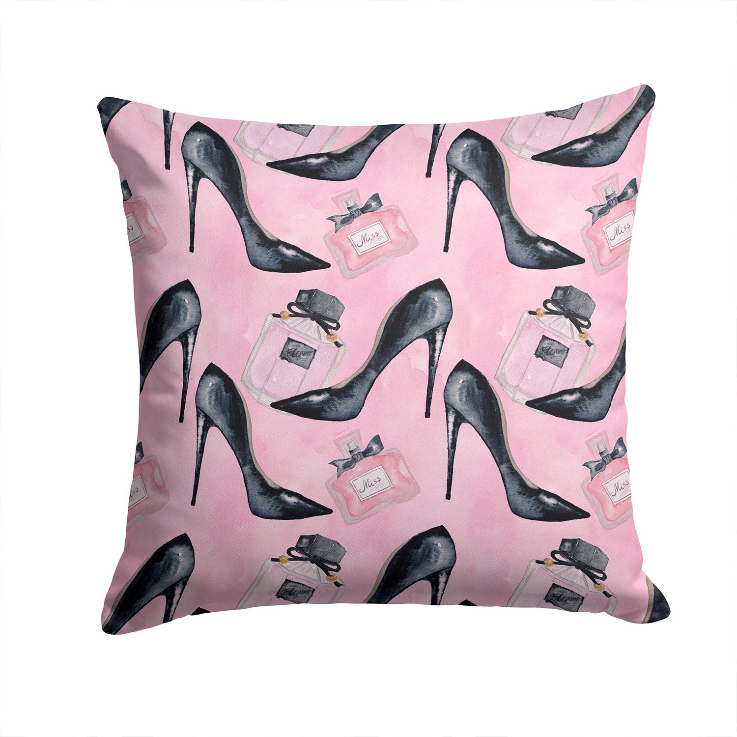 Fashion Diva Shoes and Perfume Decorative Throw Pillow 14x14 Indoor Outdoor Accent Cushion, Fabric Cover with Insert for Sofa, Bed, Porch & Living Room