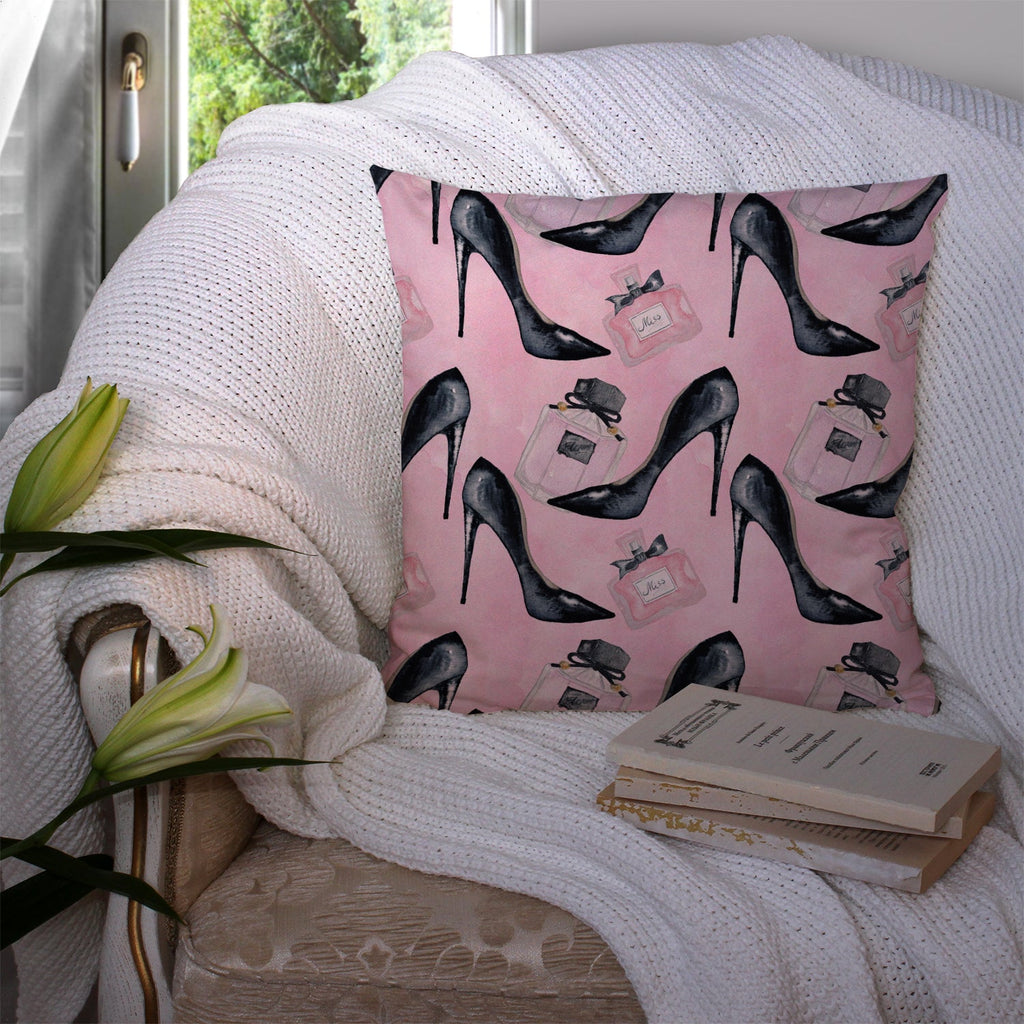 Fashion Diva Shoes and Perfume Decorative Throw Pillow 14x14 Indoor Outdoor Accent Cushion, Fabric Cover with Insert for Sofa, Bed, Porch & Living Room