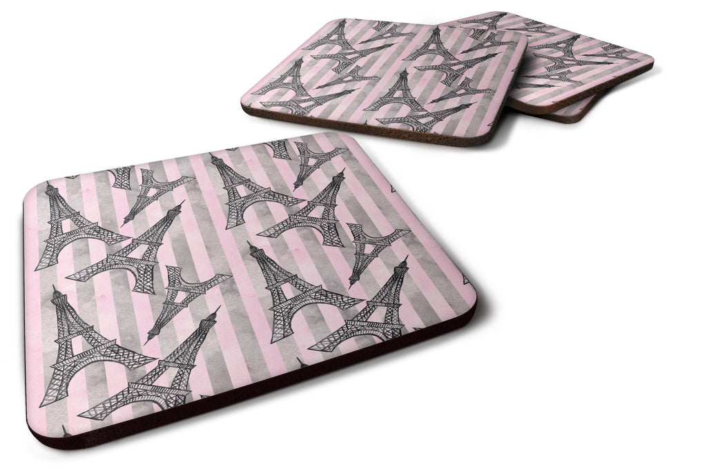 Watercolor Eiffel Tower and Stripes Foam Coasters Set of 4 Cup Coasters for Indoor Outdoor, Tabletop Protection, Anti Slip, Mouse pad Material