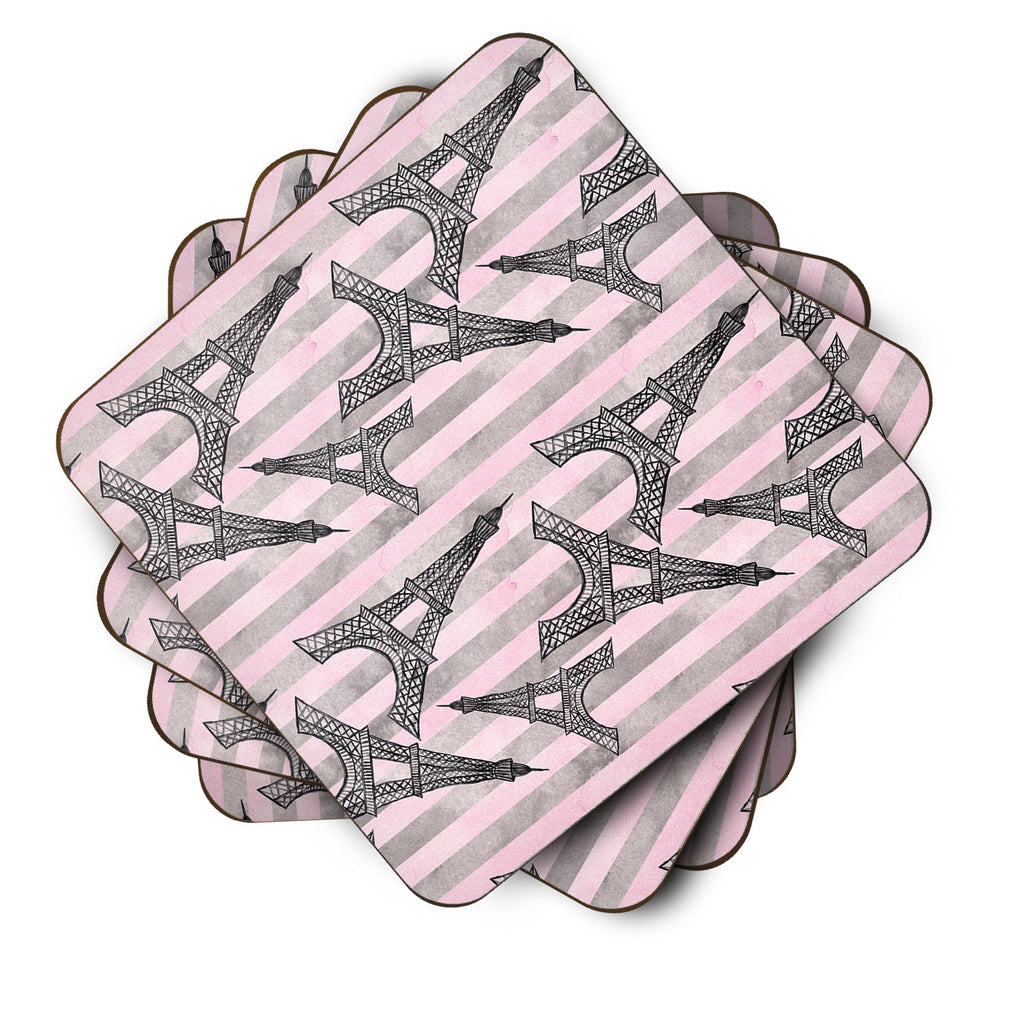Watercolor Eiffel Tower and Stripes Foam Coasters Set of 4 Cup Coasters for Indoor Outdoor, Tabletop Protection, Anti Slip, Mouse pad Material