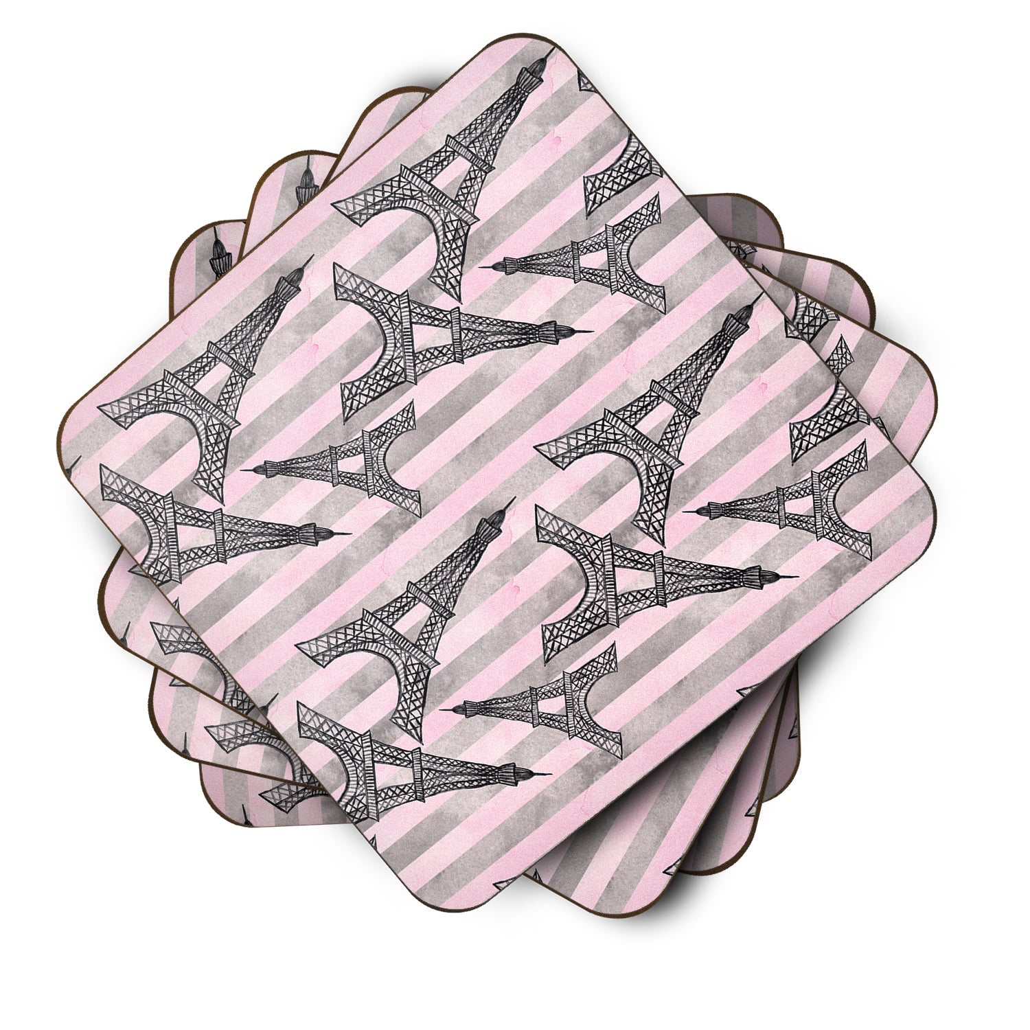 Watercolor Eiffel Tower and Stripes Foam Coasters Set of 4 Cup Coasters for Indoor Outdoor, Tabletop Protection, Anti Slip, Mouse pad Material