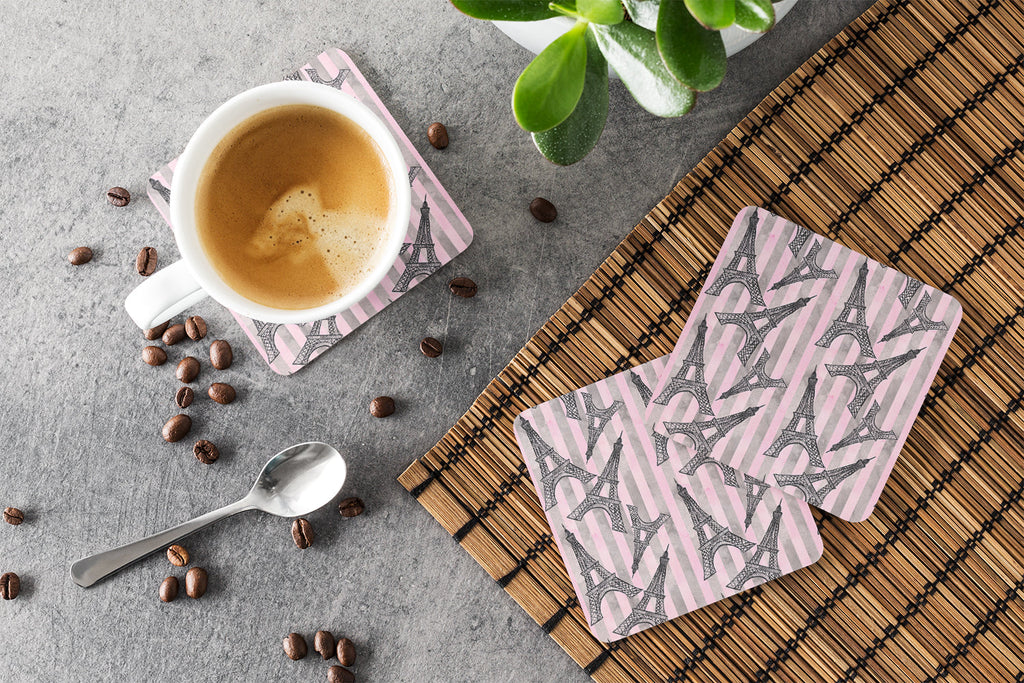 Watercolor Eiffel Tower and Stripes Foam Coasters Set of 4 Cup Coasters for Indoor Outdoor, Tabletop Protection, Anti Slip, Mouse pad Material