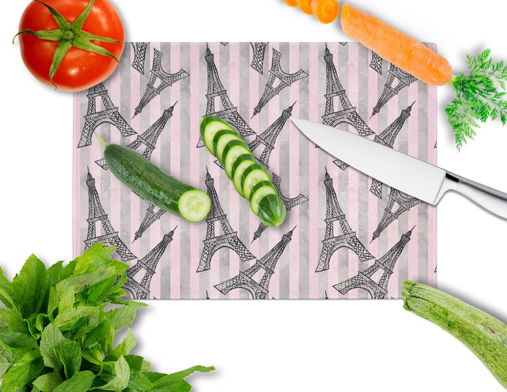 Watercolor Eiffel Tower and Stripes Cutting Board Tempered Glass Kitchen Cutting Surface, Heat Resistant Chopping, Non-Slip Feet, Food Prep & Serving