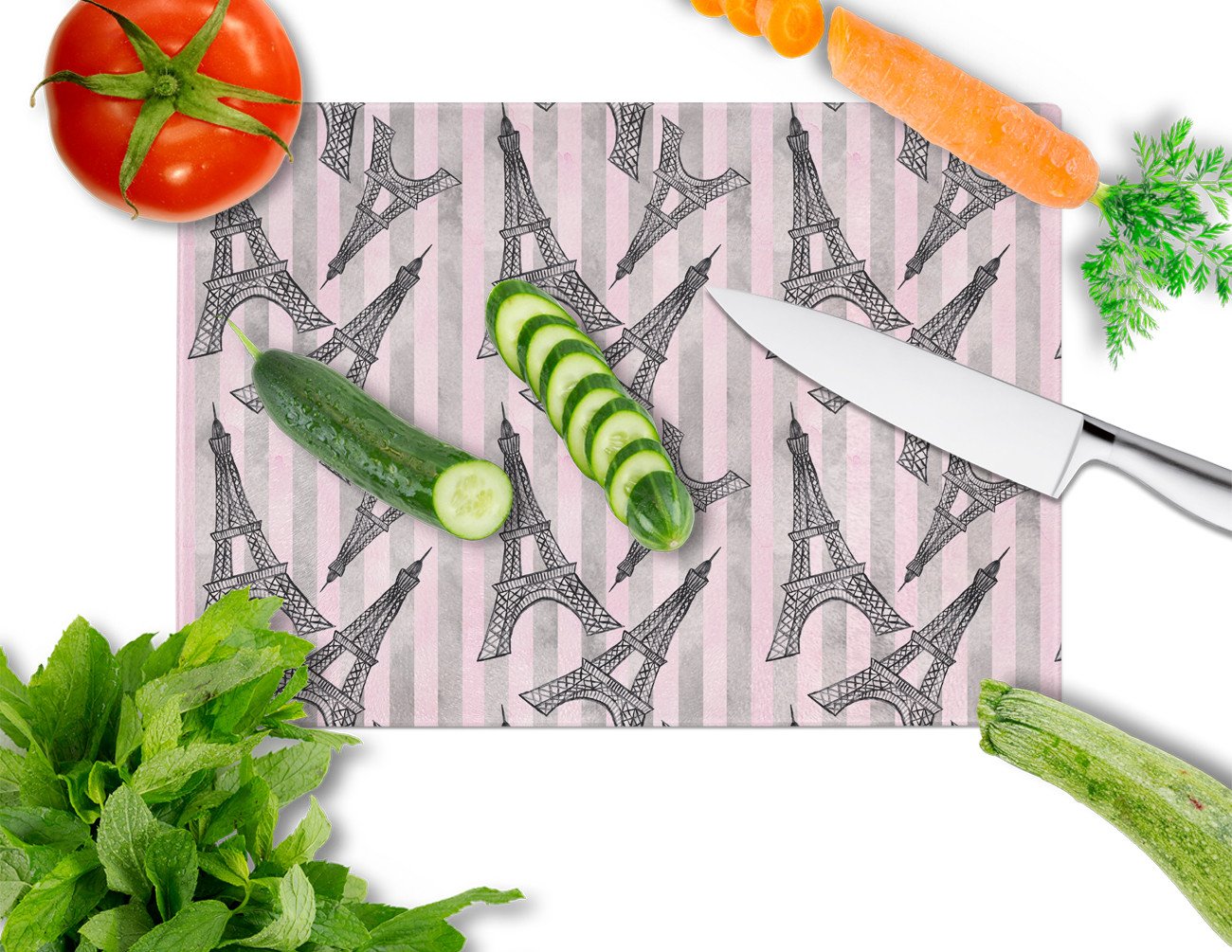 Watercolor Eiffel Tower and Stripes Cutting Board Tempered Glass Kitchen Cutting Surface, Heat Resistant Chopping, Non-Slip Feet, Food Prep & Serving