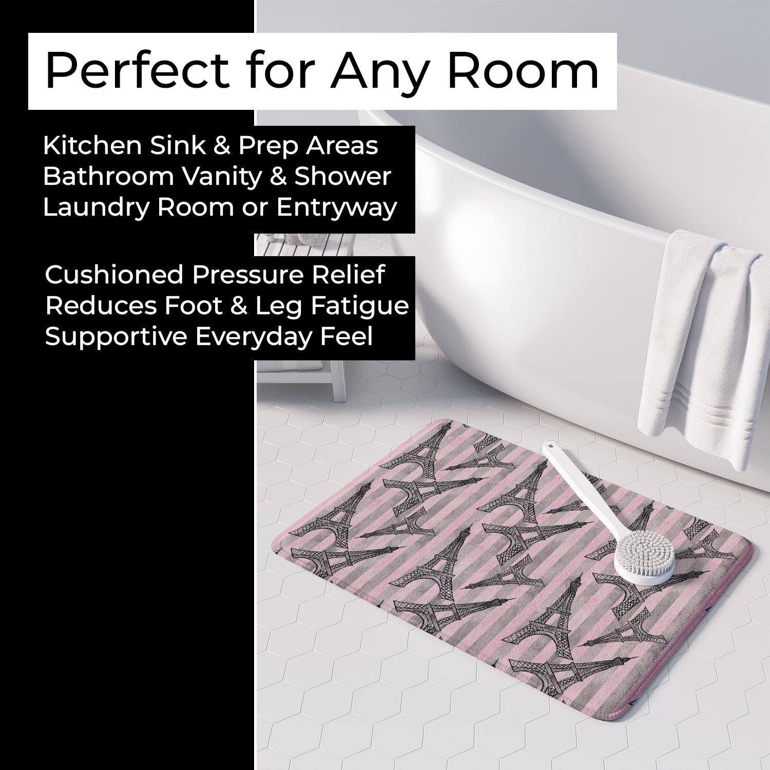 Watercolor Eiffel Tower and Stripes Memory Foam Kitchen Mat Machine Washable Anti-Fatigue Cushion Comfort Bath or Kitchen Rug