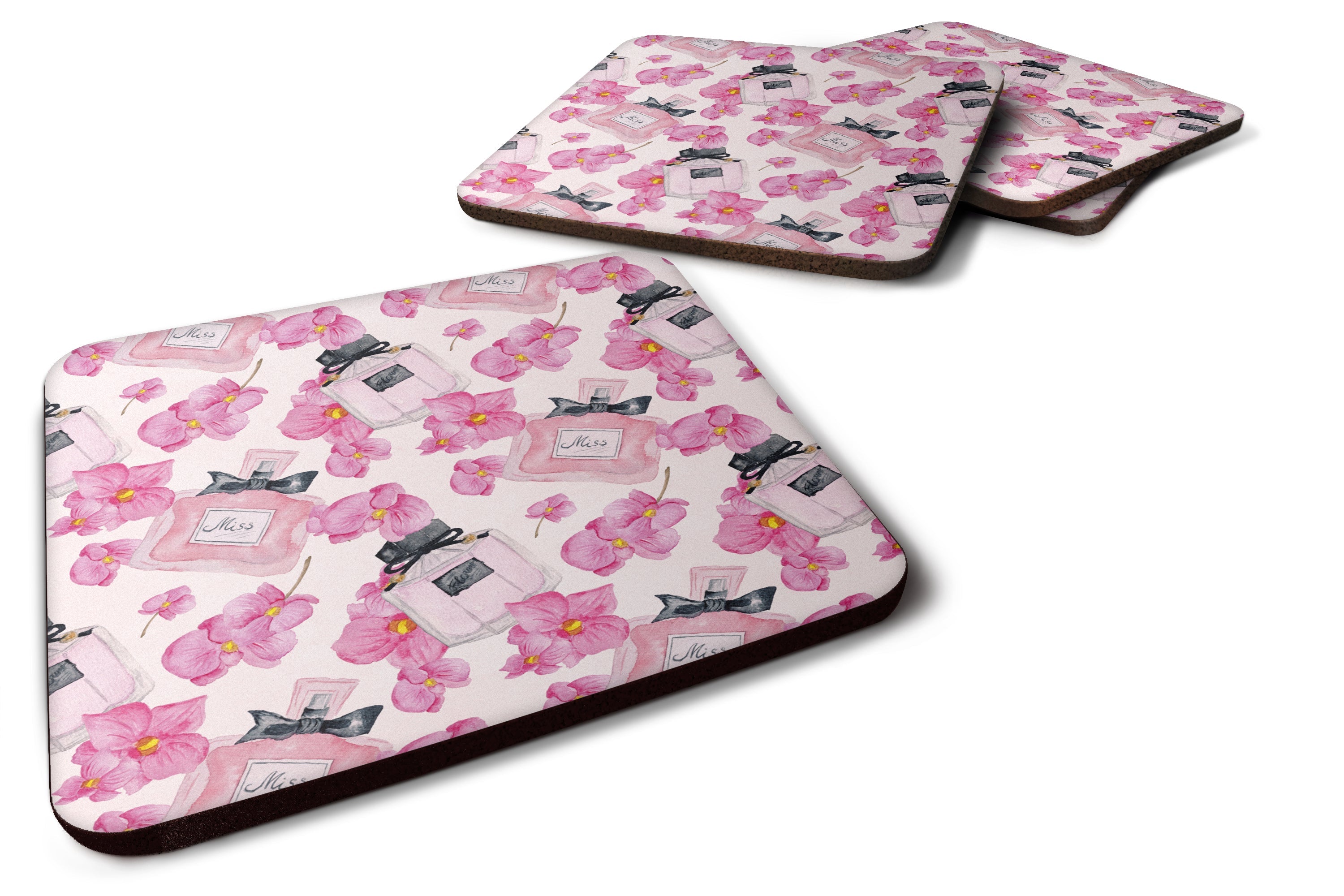 Watercolor Pink Flowers and Perfume Foam Coasters Set of 4 Cup Coasters for Indoor Outdoor, Tabletop Protection, Anti Slip, Mouse pad Material