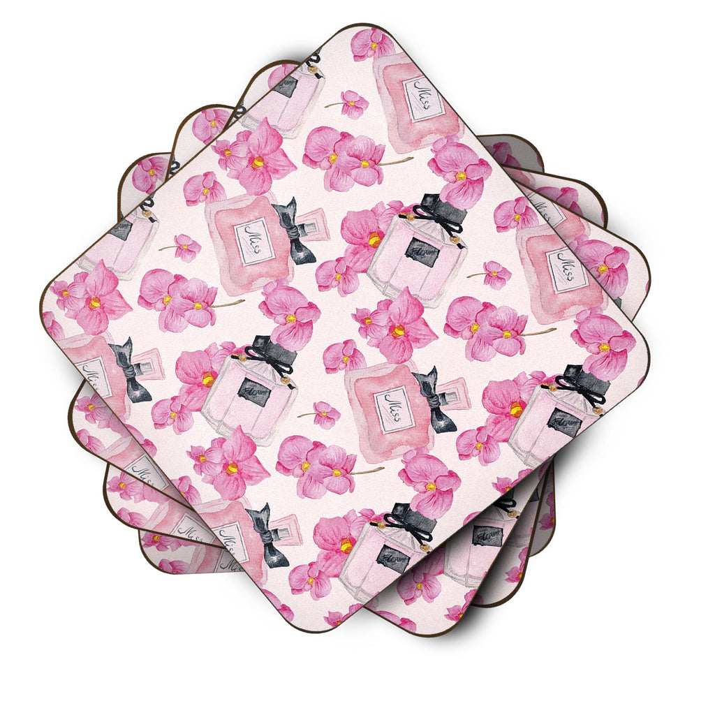 Watercolor Pink Flowers and Perfume Foam Coasters Set of 4 Cup Coasters for Indoor Outdoor, Tabletop Protection, Anti Slip, Mouse pad Material