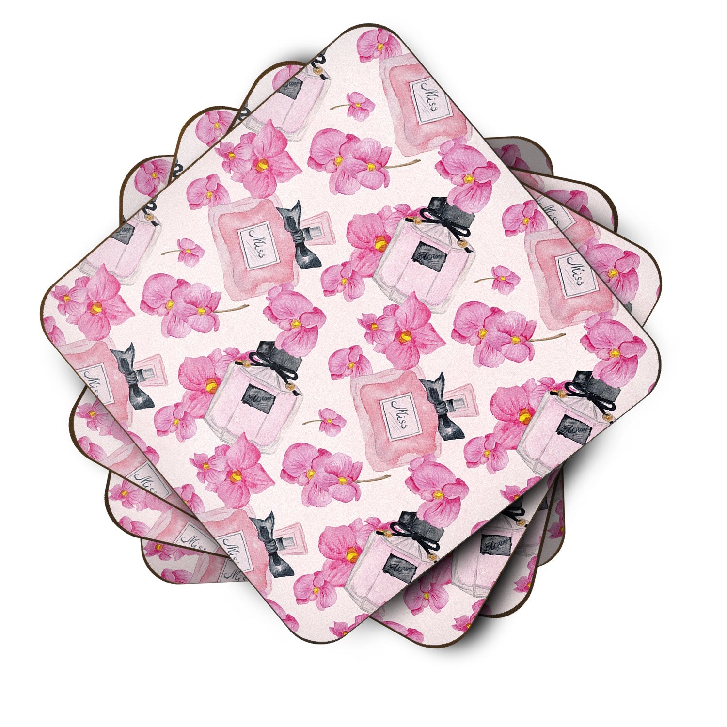 Watercolor Pink Flowers and Perfume Foam Coasters Set of 4 Cup Coasters for Indoor Outdoor, Tabletop Protection, Anti Slip, Mouse pad Material